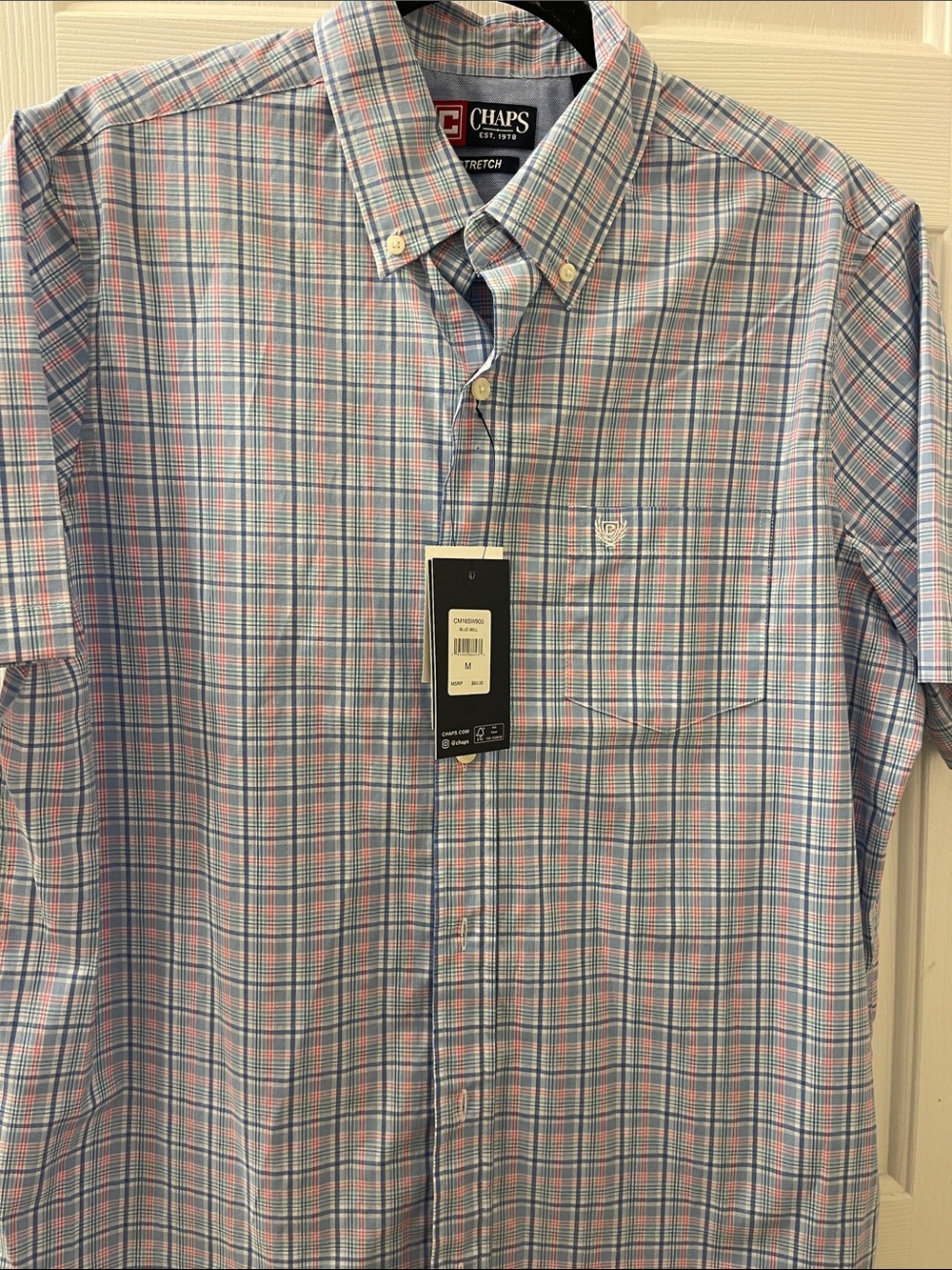 Chaps Men's Light Blue and Pink Plaid Short-Sleeve Button-Down Shirt